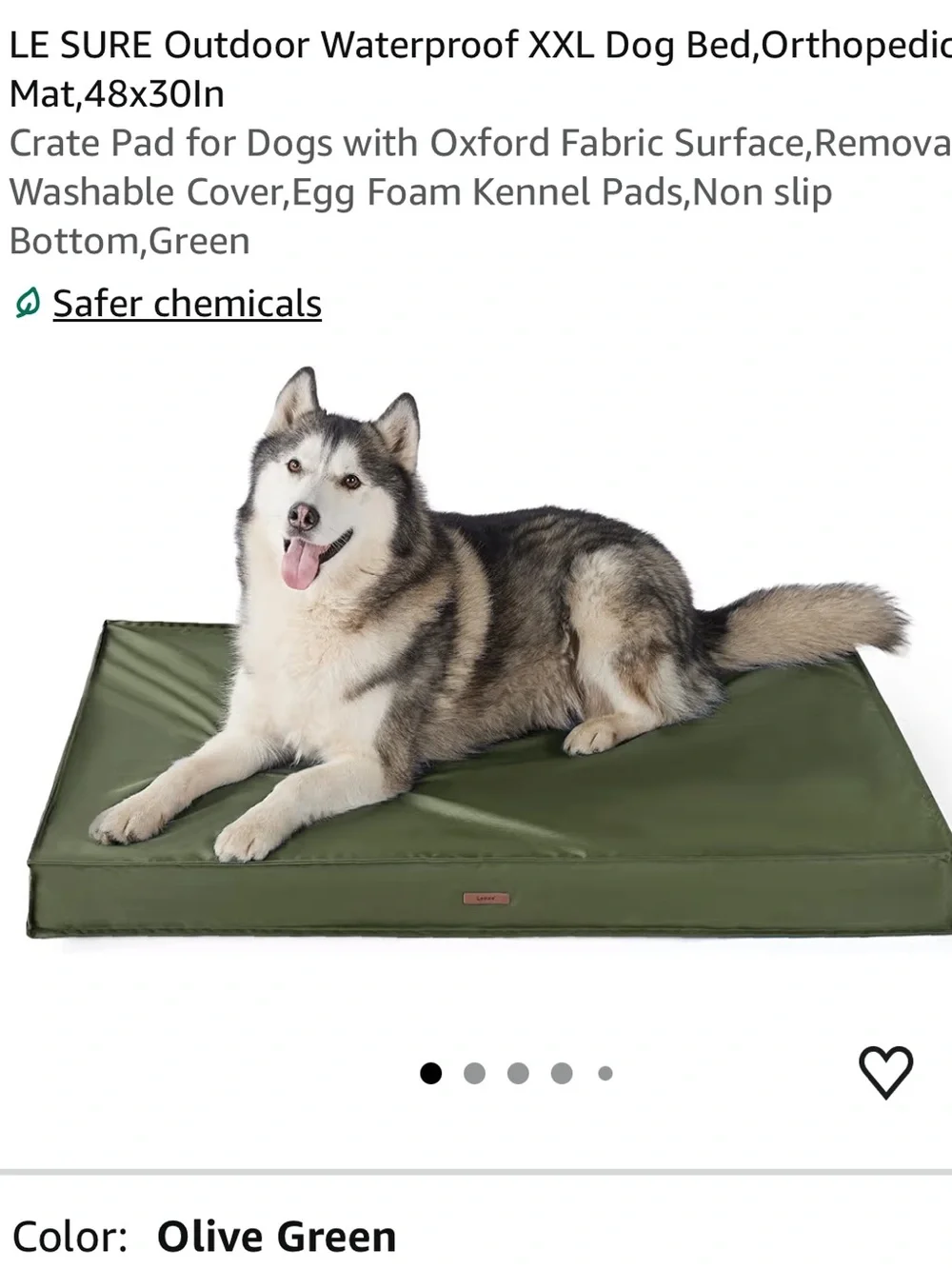 LE SURE Outdoor Waterproof XXL Dog Bed,Orthopedic Pet Mat, Olive Green 48” x 30”